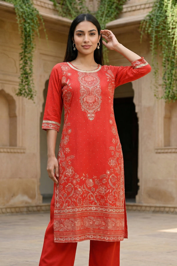 Red Floral Foil Printed Rayon Straight Kurta