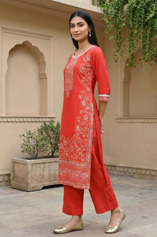 Red Floral Foil Printed Rayon Straight Kurta