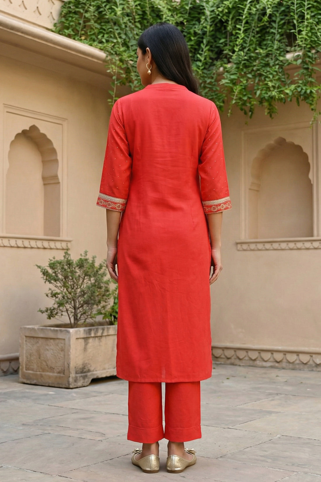 Red Floral Foil Printed Rayon Straight Kurta