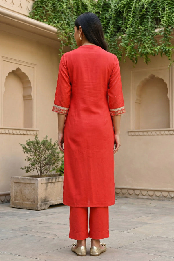 Red Floral Foil Printed Rayon Straight Kurta