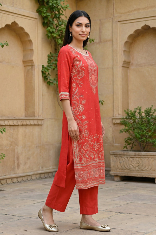 Red Floral Foil Printed Rayon Straight Kurta