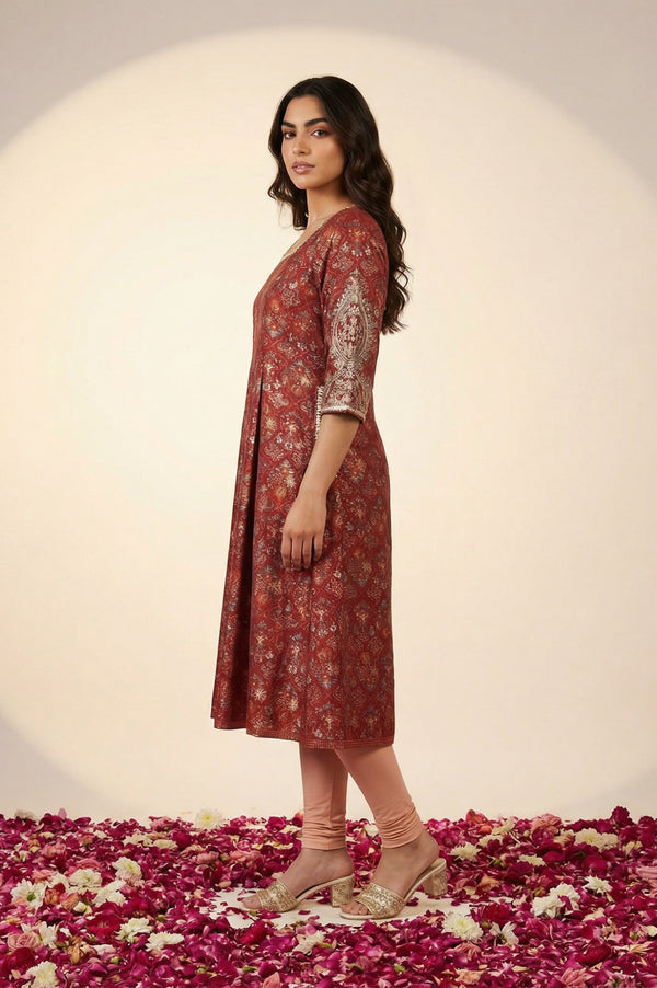 Maroon Floral Printed Sequins Anarkali Kurta