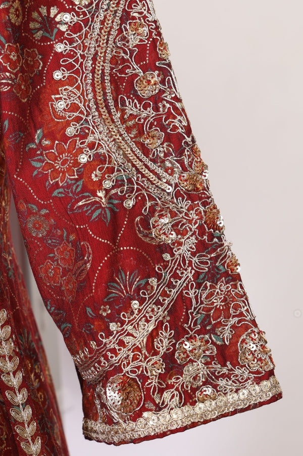 Maroon Floral Printed Sequins Anarkali Kurta