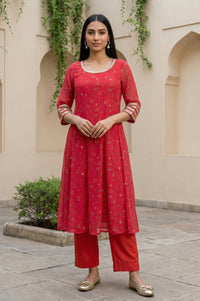 Red Floral Printed Chiffon Flared Kurta