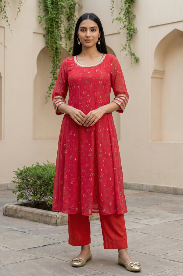 Red Floral Printed Chiffon Flared Kurta