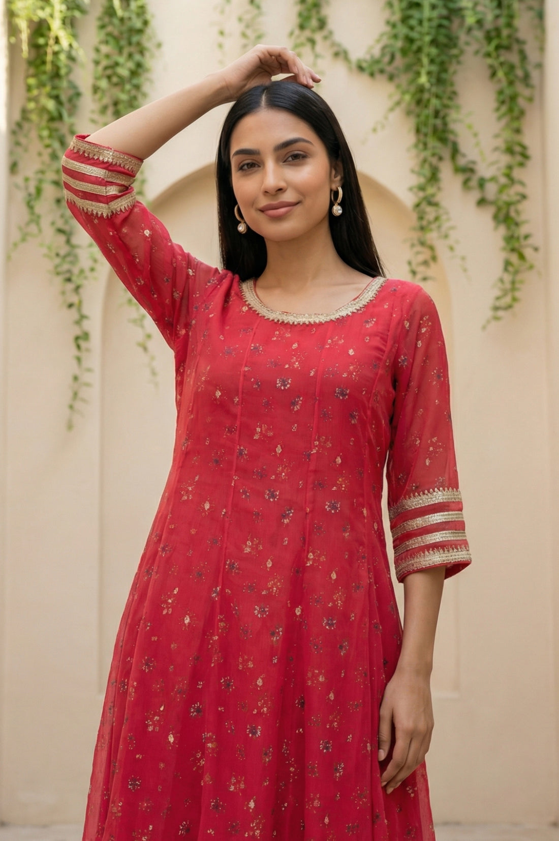 Red Floral Printed Chiffon Flared Kurta