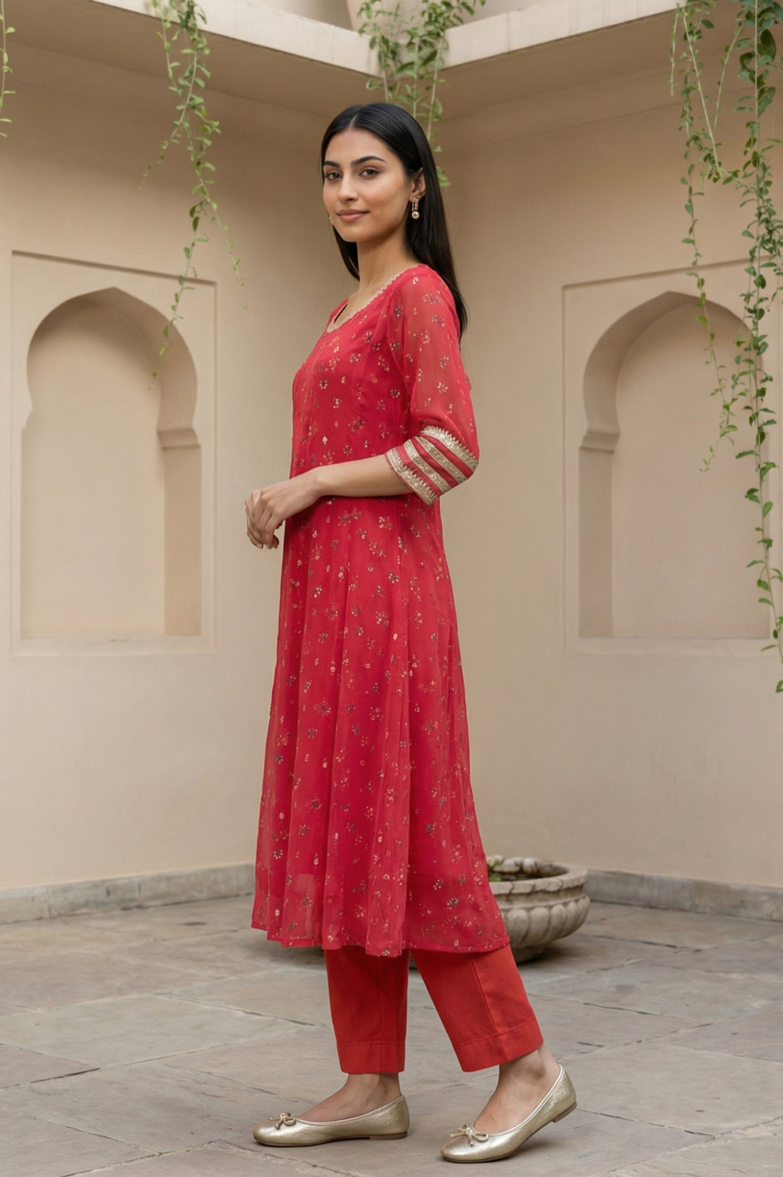 Red Floral Printed Chiffon Flared Kurta