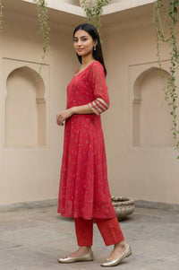Red Floral Printed Chiffon Flared Kurta