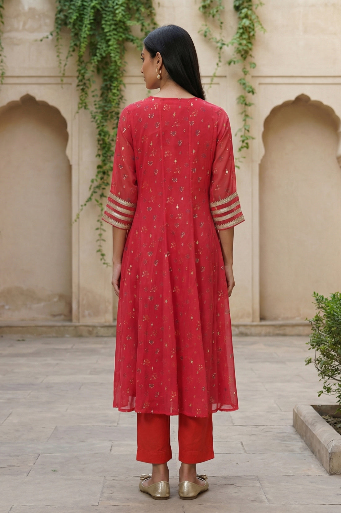 Red Floral Printed Chiffon Flared Kurta