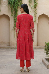 Red Floral Printed Chiffon Flared Kurta