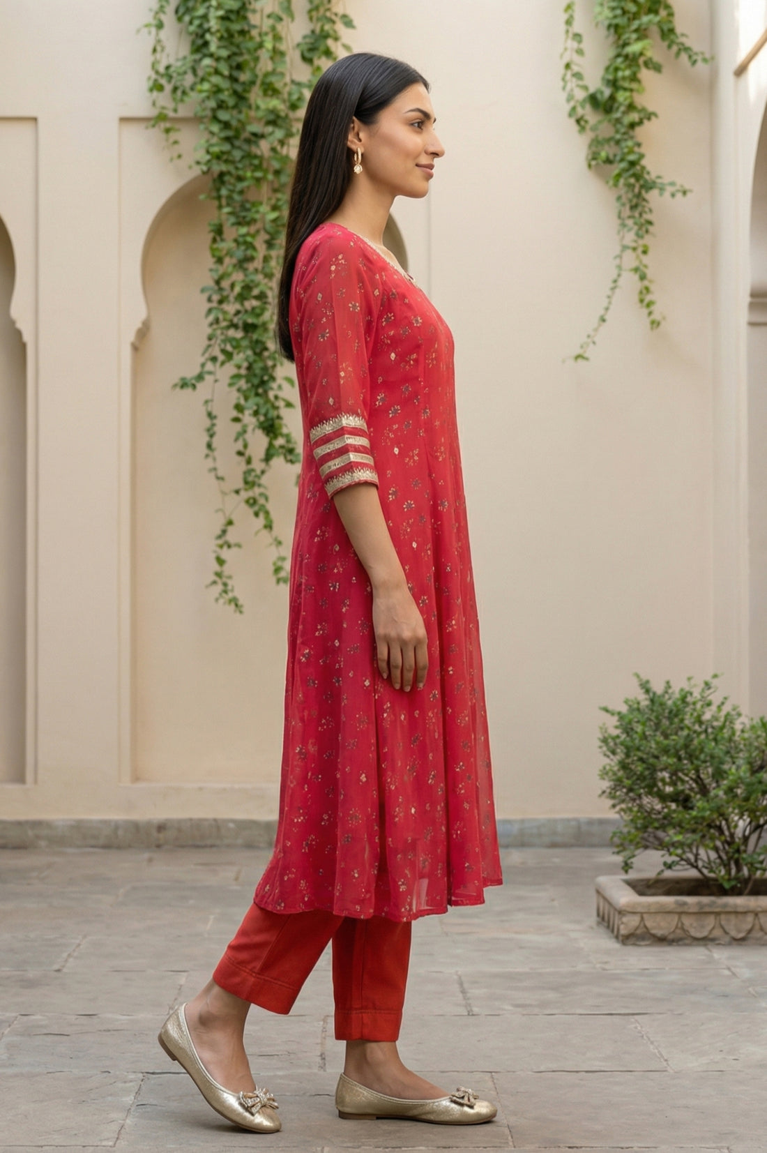 Red Floral Printed Chiffon Flared Kurta