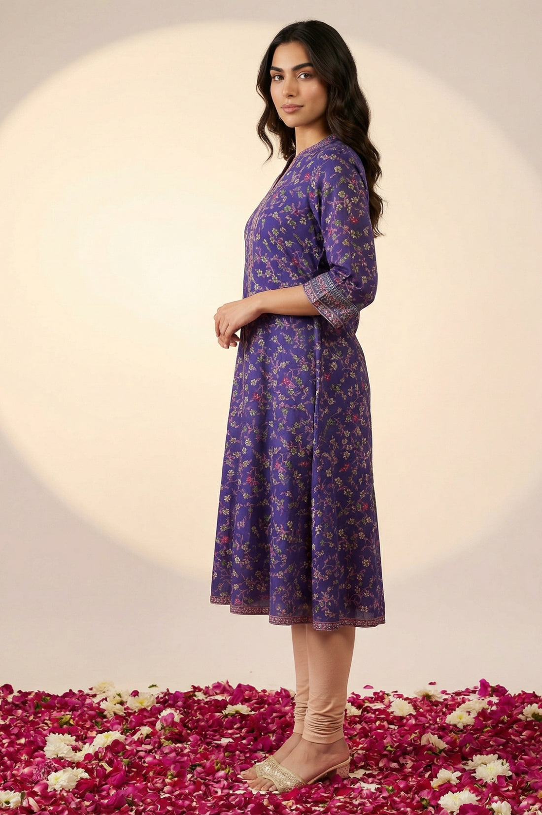 Purple Floral Printed Foil Print A-line Kurta