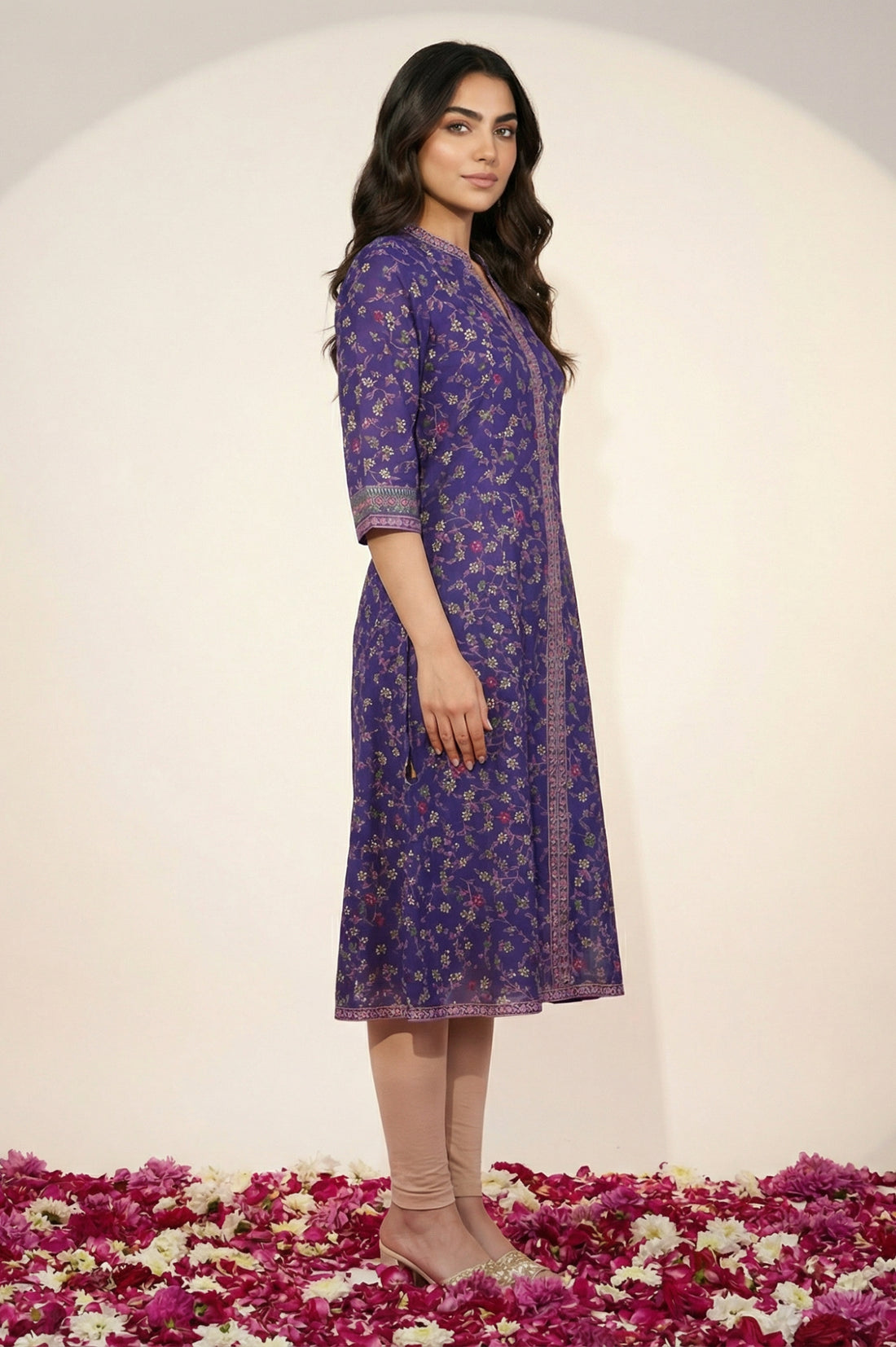 Purple Floral Printed Foil Print A-line Kurta