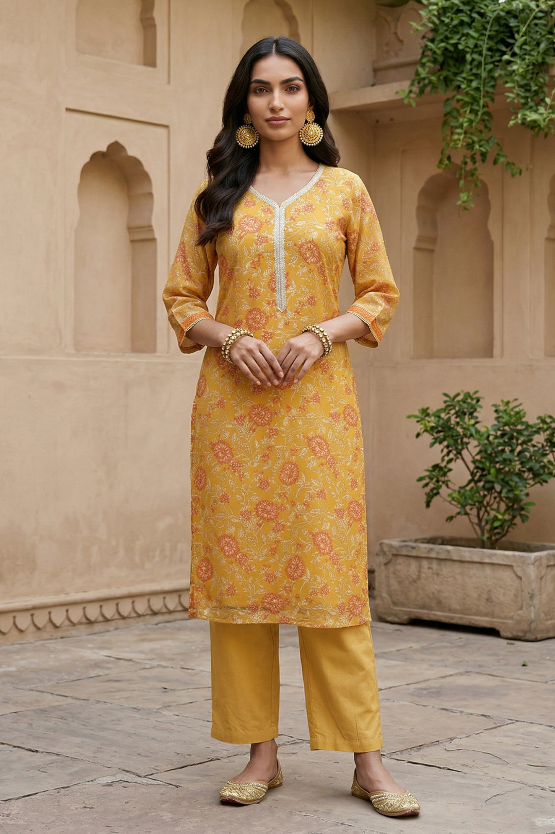 Mustard Floral Printed Georgette Straight Kurta