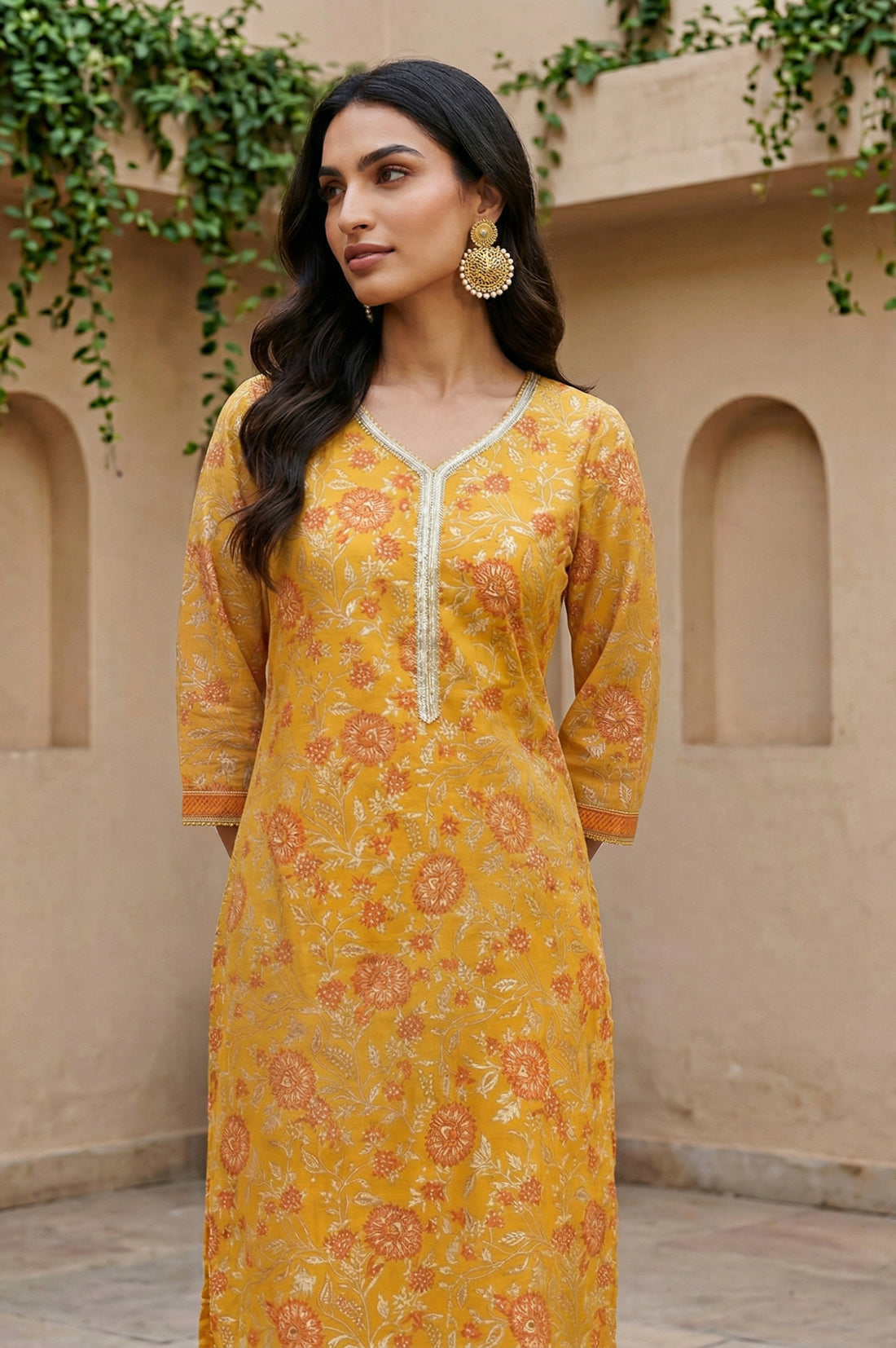 Mustard Floral Printed Georgette Straight Kurta