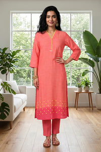 Coral Textured Yarn Dyed Cotton Blend Straight Kurta