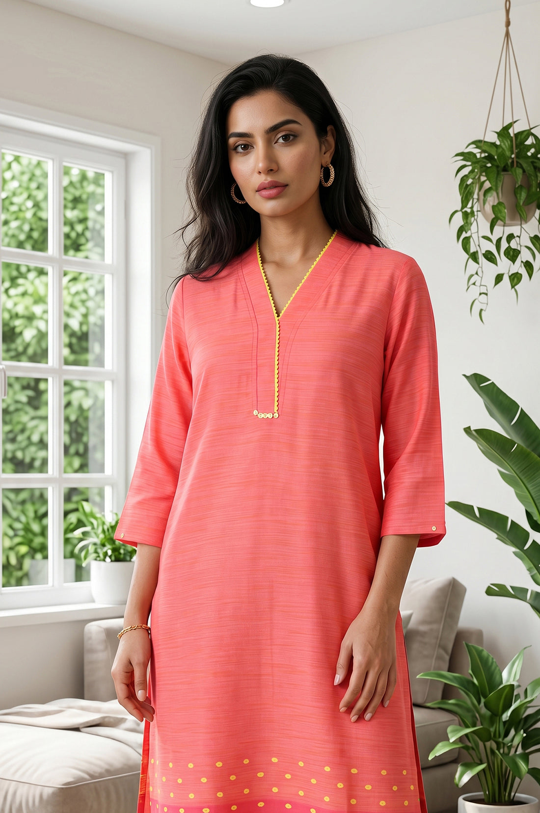 Coral Textured Yarn Dyed Cotton Blend Straight Kurta