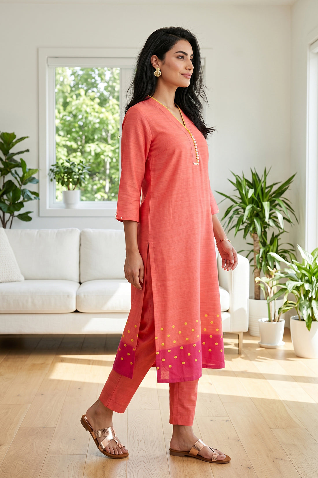 Coral Textured Yarn Dyed Cotton Blend Straight Kurta