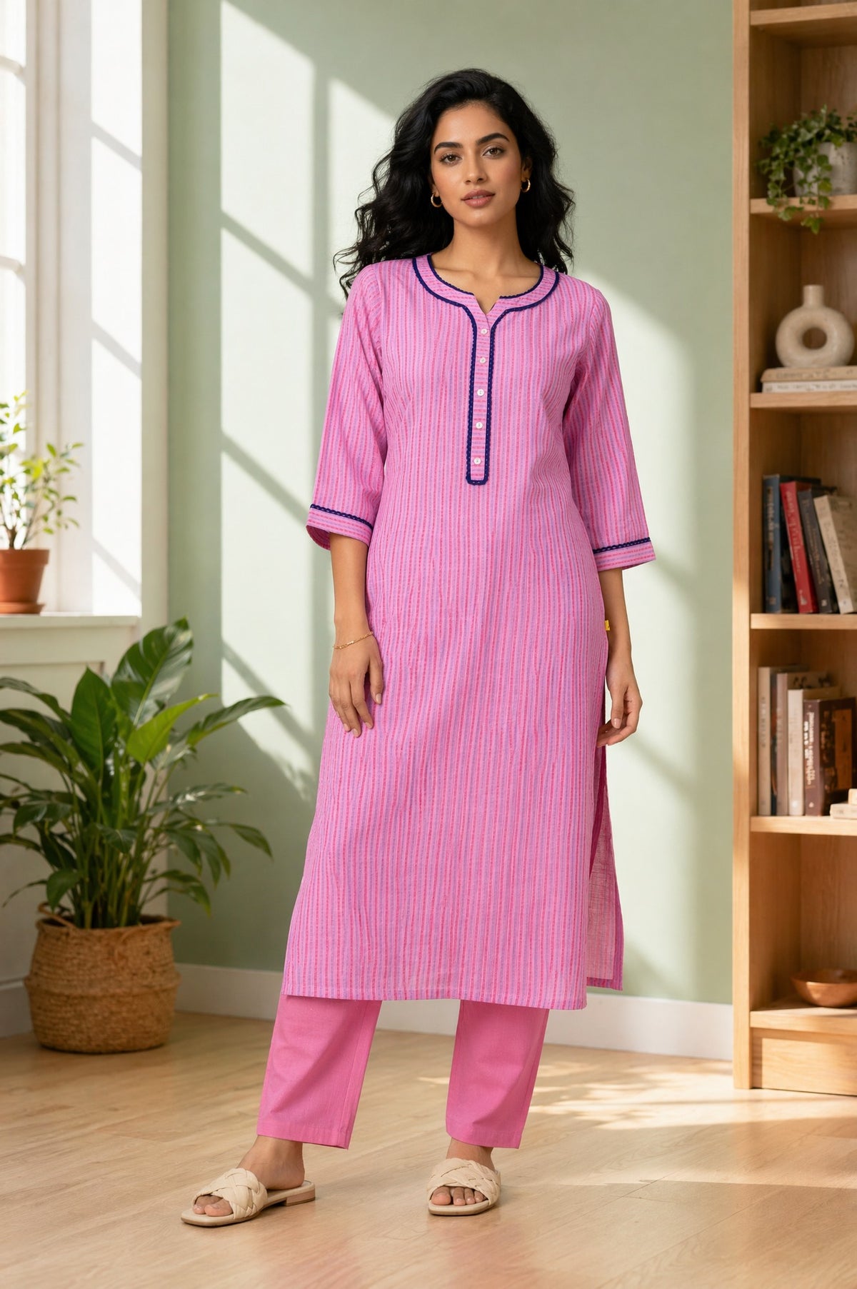 Aurelia Women's Pink Striped Yarn Dyed Cotton Blend Straight Kurta - XS