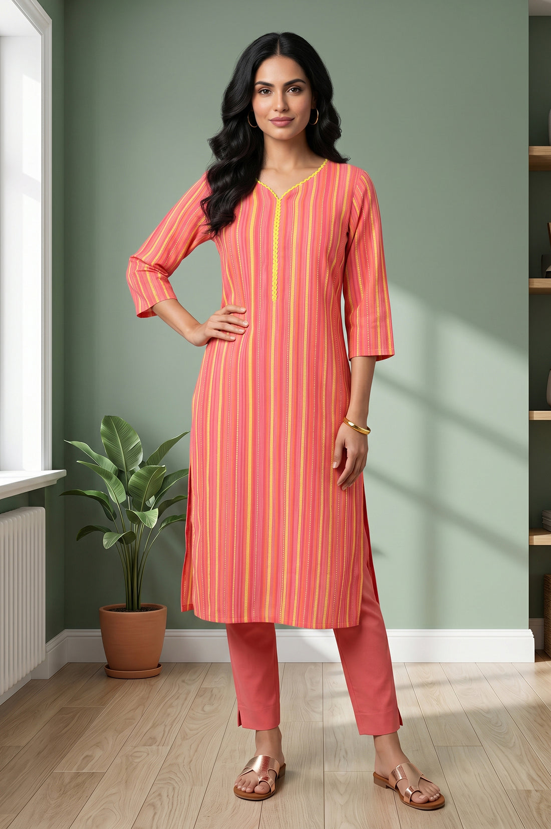 Coral Yarn Dyed Cotton Blend Straight Kurta
