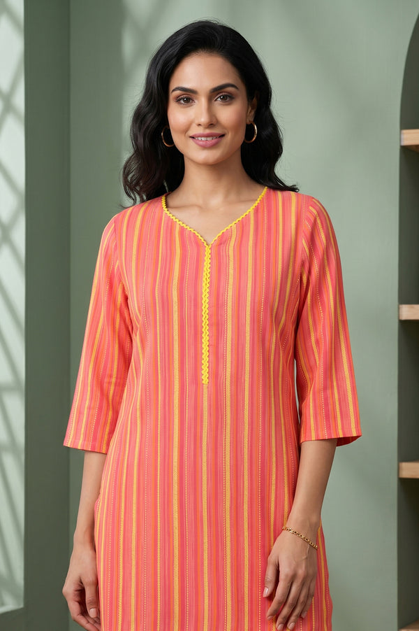 Coral Yarn Dyed Cotton Blend Straight Kurta