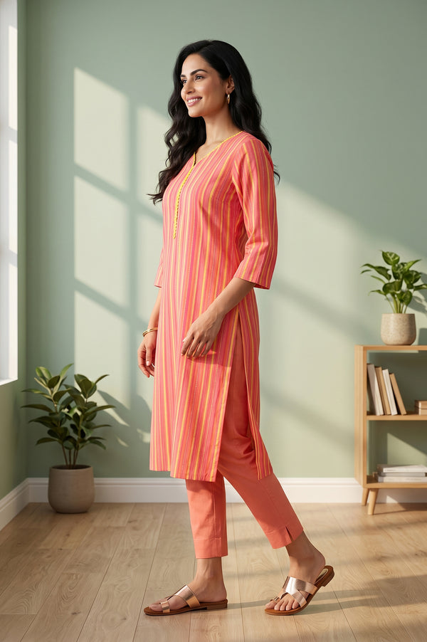 Coral Yarn Dyed Cotton Blend Straight Kurta