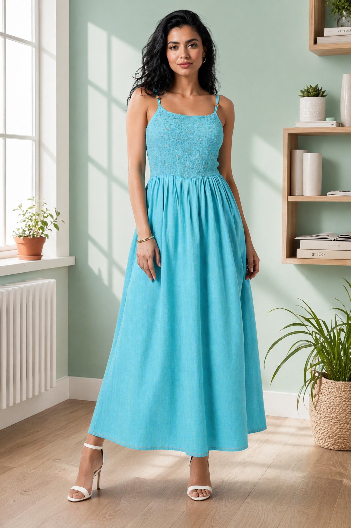 Aurelia Women's Turquoise Blue Yarn Dyed Pure Cotton Sleeveless Flared Jumpsuit - XS