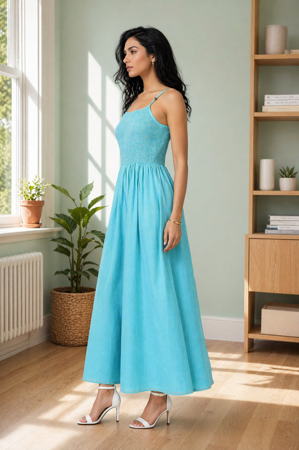 Aurelia Women's Turquoise Blue Yarn Dyed Pure Cotton Sleeveless Flared Jumpsuit