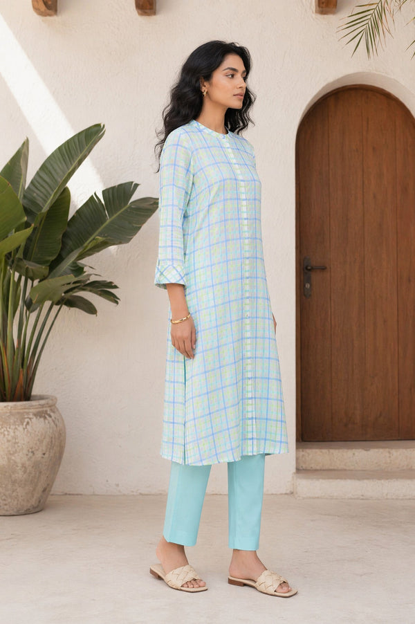 Aurelia Women's Blue Checkered Yarn Dyed Pure Cotton Straight Kurta