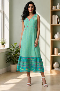 Teal Striped Embroidered Cotton Blend Sleeveless A-line Dress