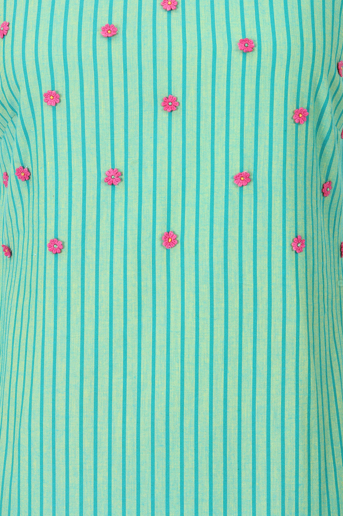 Teal Striped Embroidered Cotton Blend Sleeveless A-line Dress