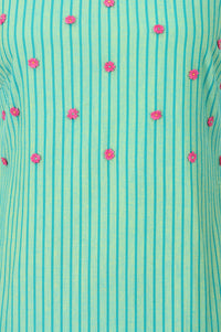 Teal Striped Embroidered Cotton Blend Sleeveless A-line Dress
