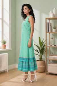 Teal Striped Embroidered Cotton Blend Sleeveless A-line Dress