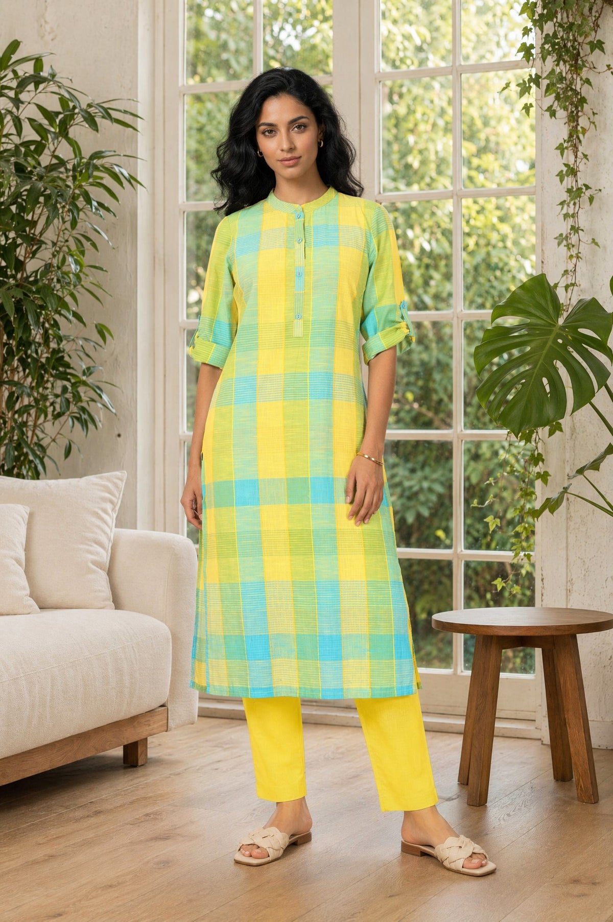 Aurelia Women's Yellow Yarn Dyed Checkered Pure Cotton Straight Kurta - XS