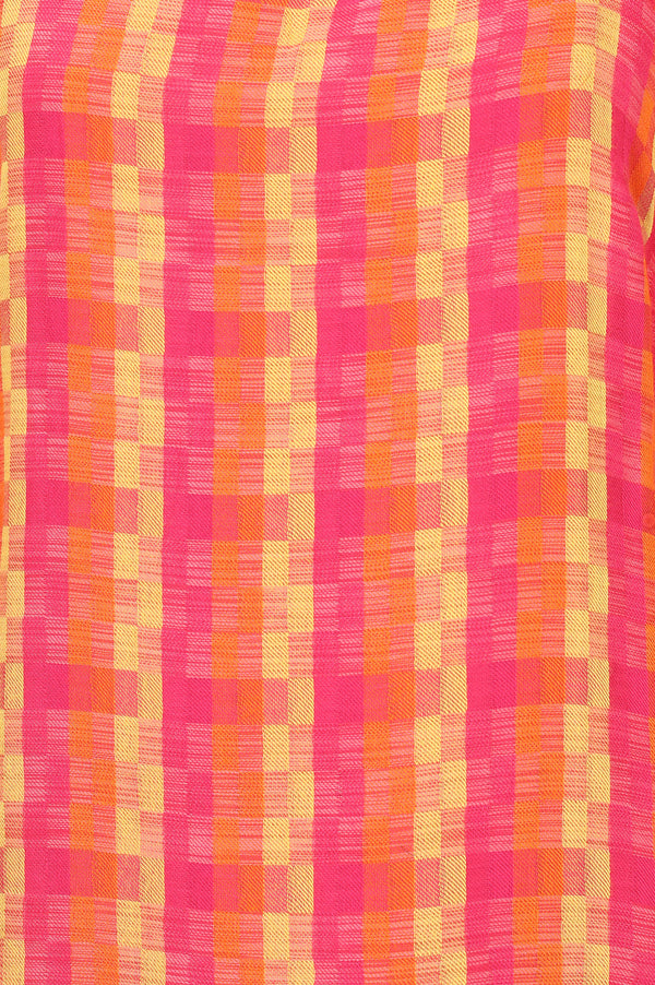 Aurelia Women's Pink Checkered Yarn Dyed Cotton Blend Straight Kurta with Lace