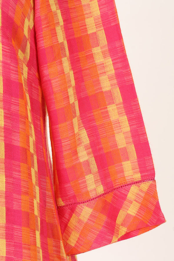 Aurelia Women's Pink Checkered Yarn Dyed Cotton Blend Straight Kurta with Lace