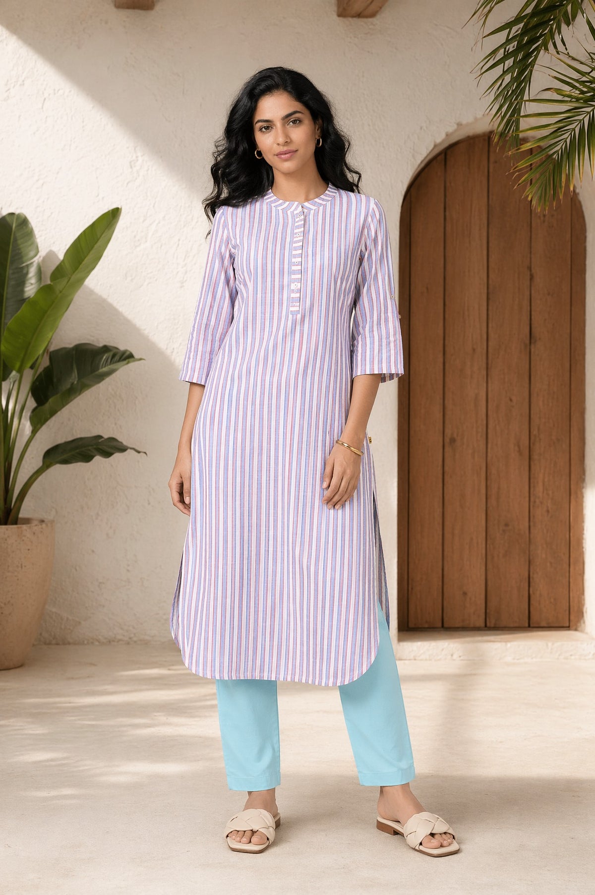 Aurelia Women's Off White Striped Yarn Dyed Pure Cotton Straight Kurta - XS