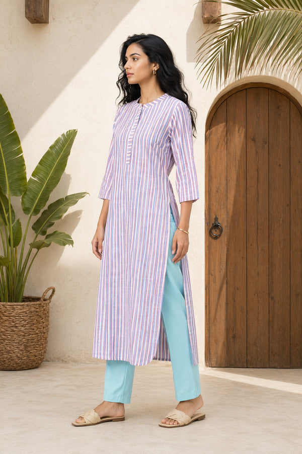 Aurelia Women's Off White Striped Yarn Dyed Pure Cotton Straight Kurta