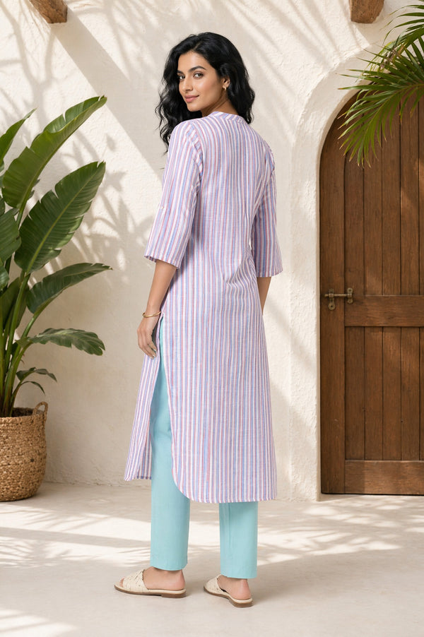 Aurelia Women's Off White Striped Yarn Dyed Pure Cotton Straight Kurta