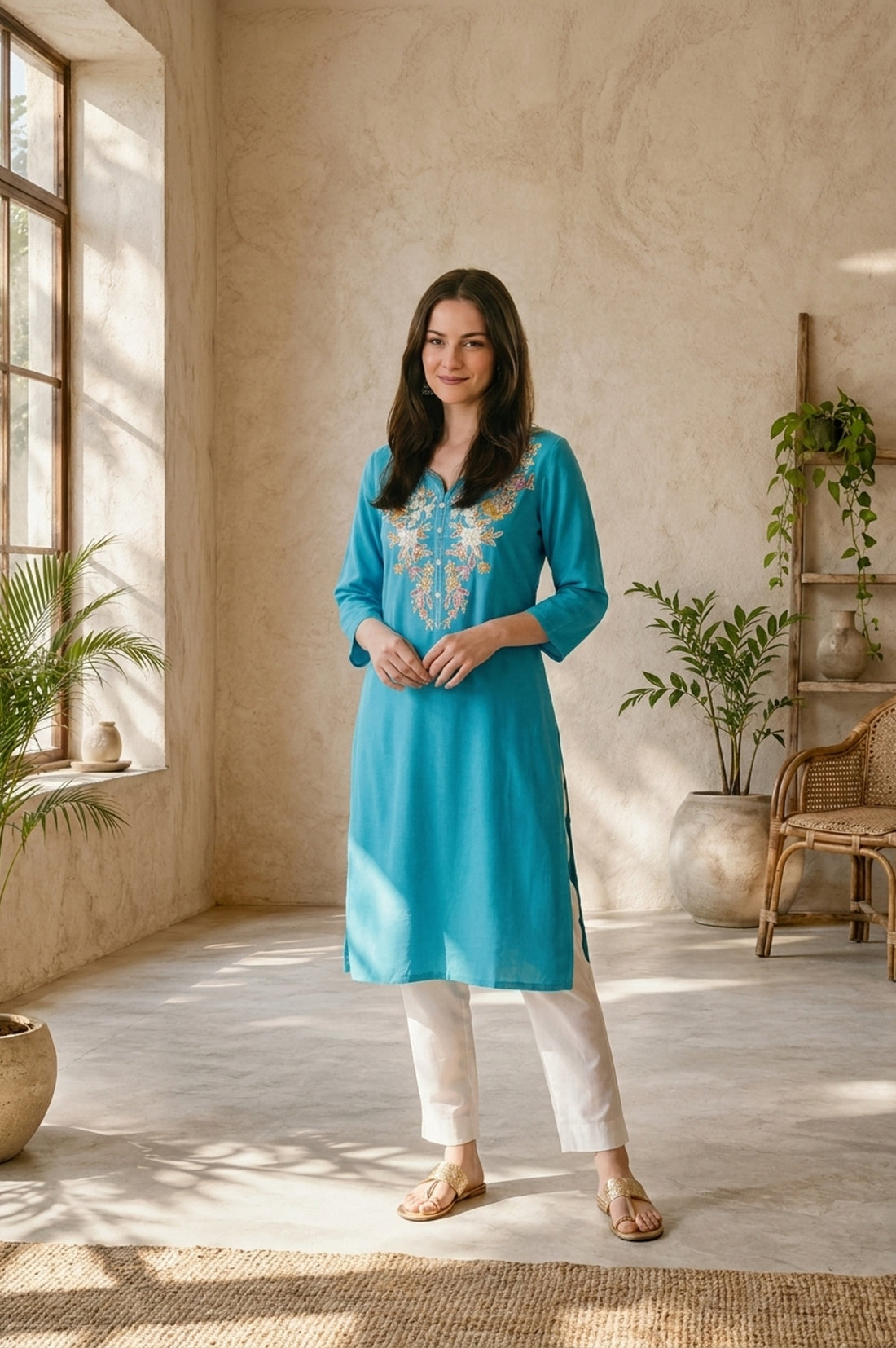 Turquoise Blue Embroidered Rayon Straight Kurta
