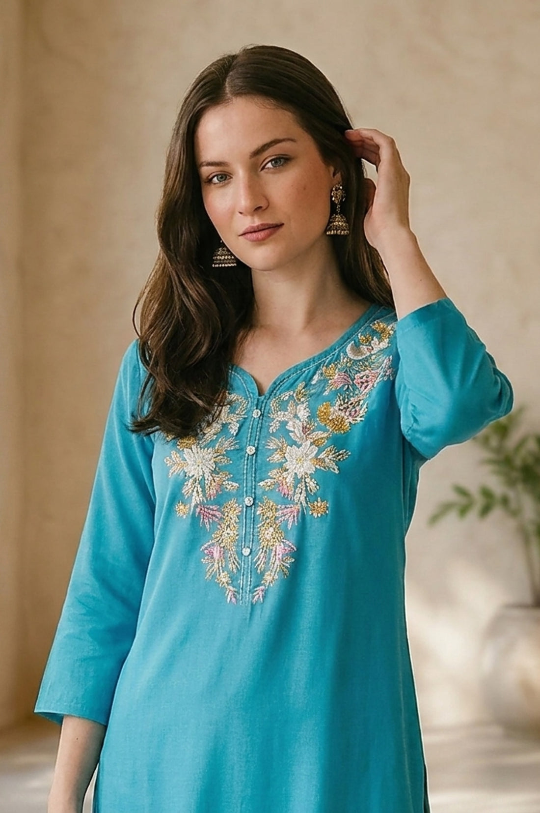 Turquoise Blue Embroidered Rayon Straight Kurta
