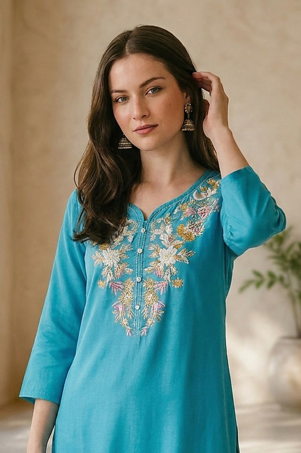 Turquoise Blue Embroidered Rayon Straight Kurta
