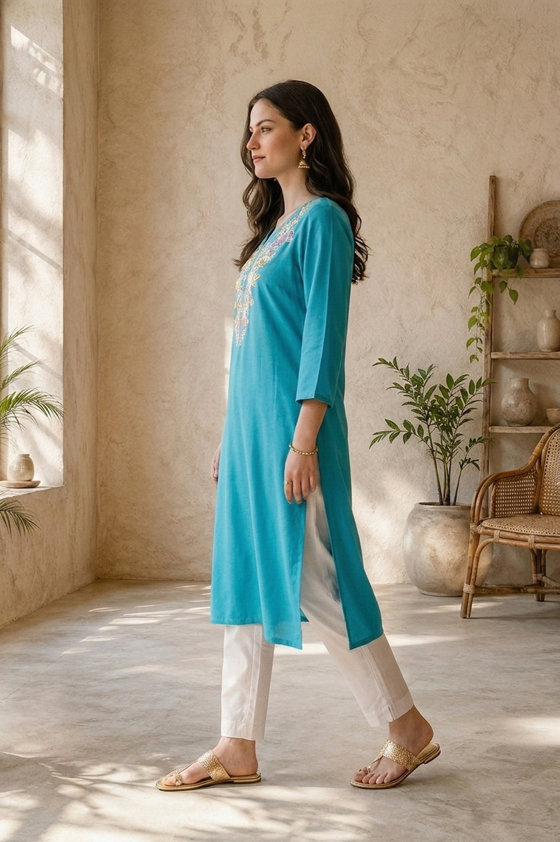 Turquoise Blue Embroidered Rayon Straight Kurta