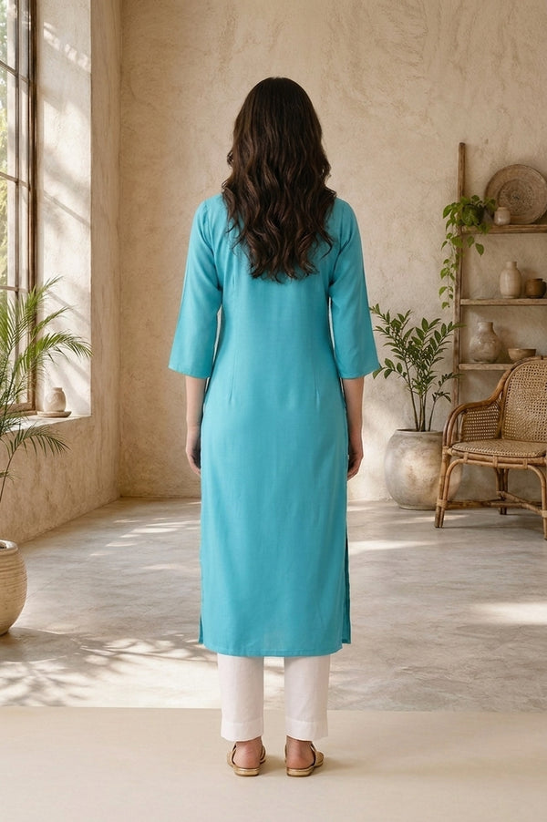 Turquoise Blue Embroidered Rayon Straight Kurta
