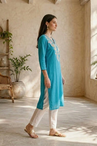 Turquoise Blue Embroidered Rayon Straight Kurta