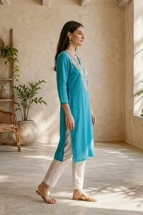 Turquoise Blue Embroidered Rayon Straight Kurta