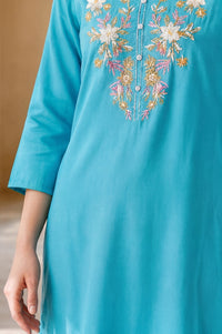 Turquoise Blue Embroidered Rayon Straight Kurta
