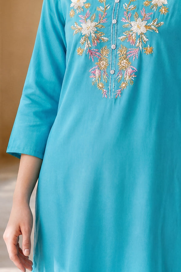Turquoise Blue Embroidered Rayon Straight Kurta