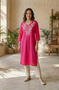 Fuchsia Embroidered Rayon Straight Kurta
