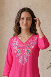 Fuchsia Embroidered Rayon Straight Kurta